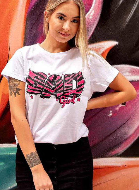 T-shirt Feminina Bad Girl Branca Com Strass T-shirt Feminina Bad Girl Branca Com Strass
