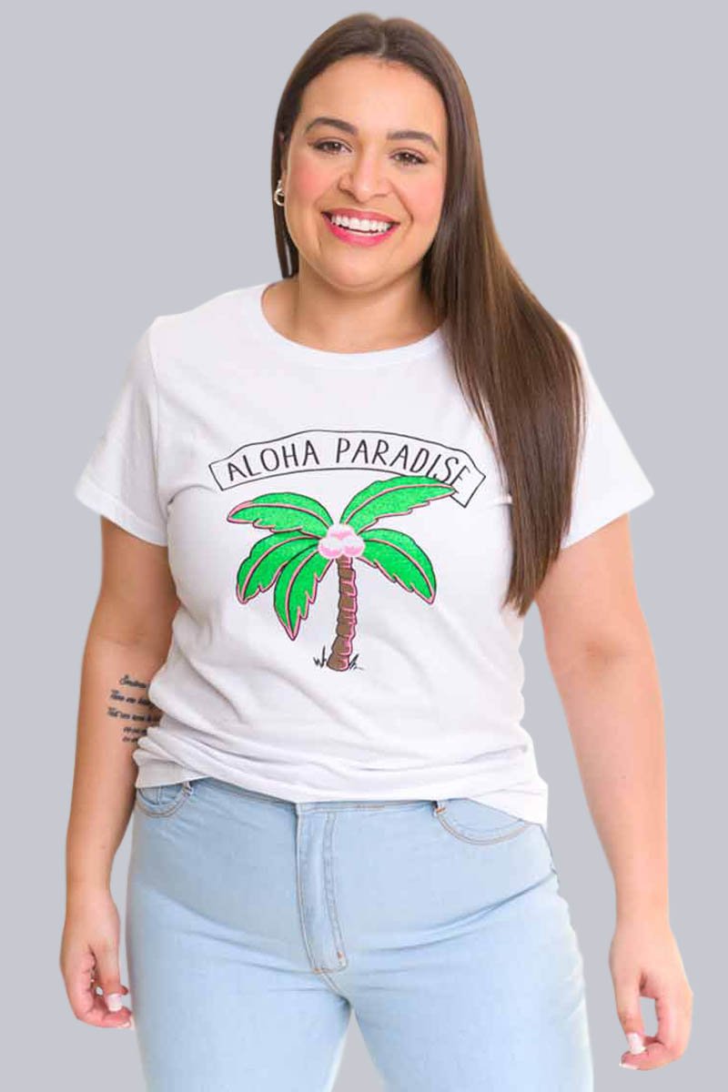 T-shirt Feminina Aloha Paradise Branca, tradução da música paradise 