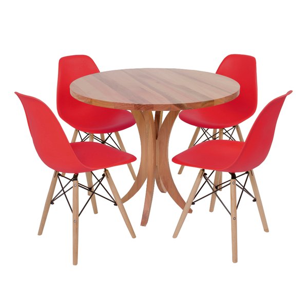 mesa de jantar 4 cadeiras redonda em madeira macica com cadeira eames eiffel vermelha 1