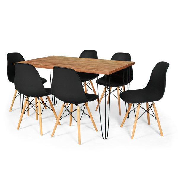 mesa 6 cadeiras hairpin natural com cadeira eiffel 7