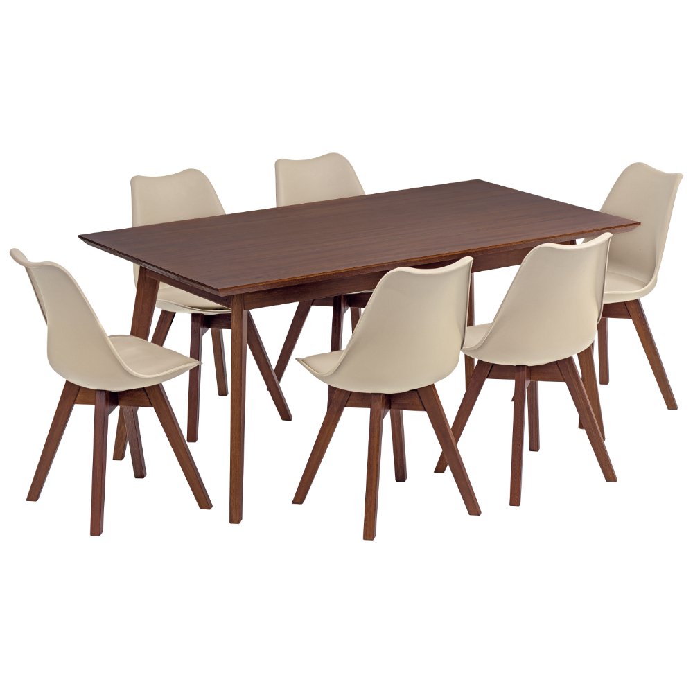 mesa retangular 6 cadeiras vertice nozes em madeira macica com cadeira leda madebal 1