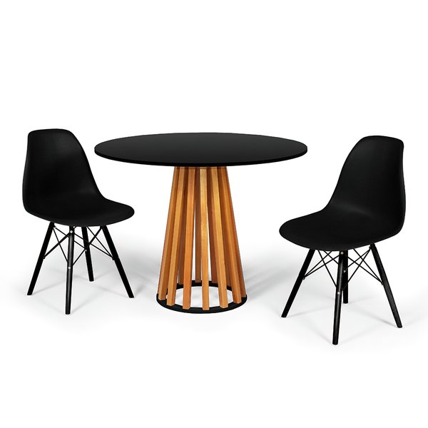 mesa de jantar redonda preta 100cm talia amadeirada com 2 cadeiras eames eiffel 1