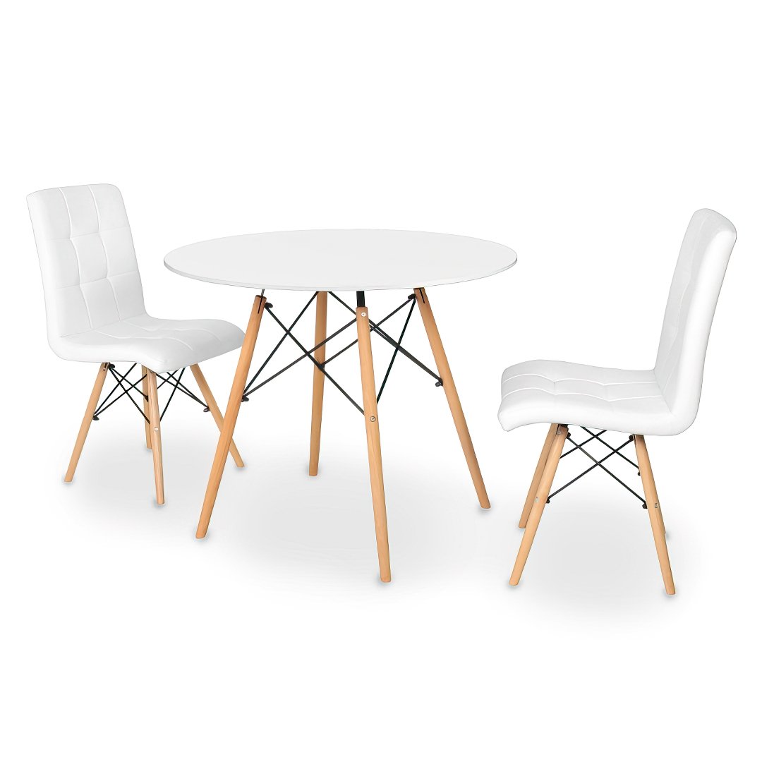 mesa de jantar redonda eiffel branca 100cm com 2 cadeiras eiffel gomos magazine decor 3