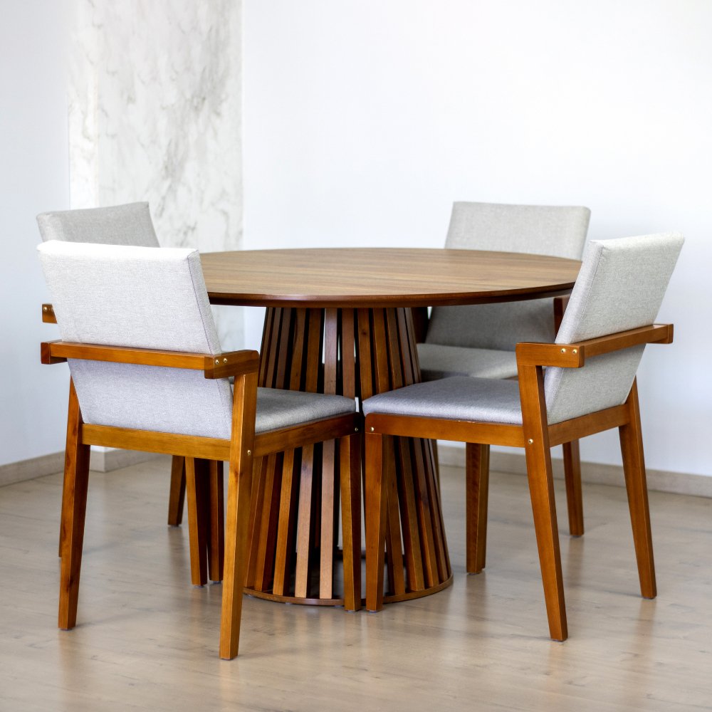mesa de jantar redonda luana natural amadeirada 120cm com 4 cadeiras estofadas isabela magazine decor 3