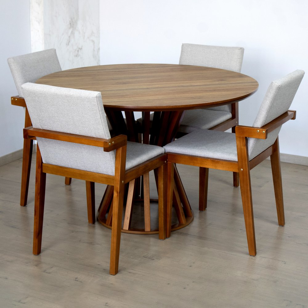 mesa de jantar redonda 120cm natural cecilia amadeirada com 4 cadeiras estofadas isabela 3