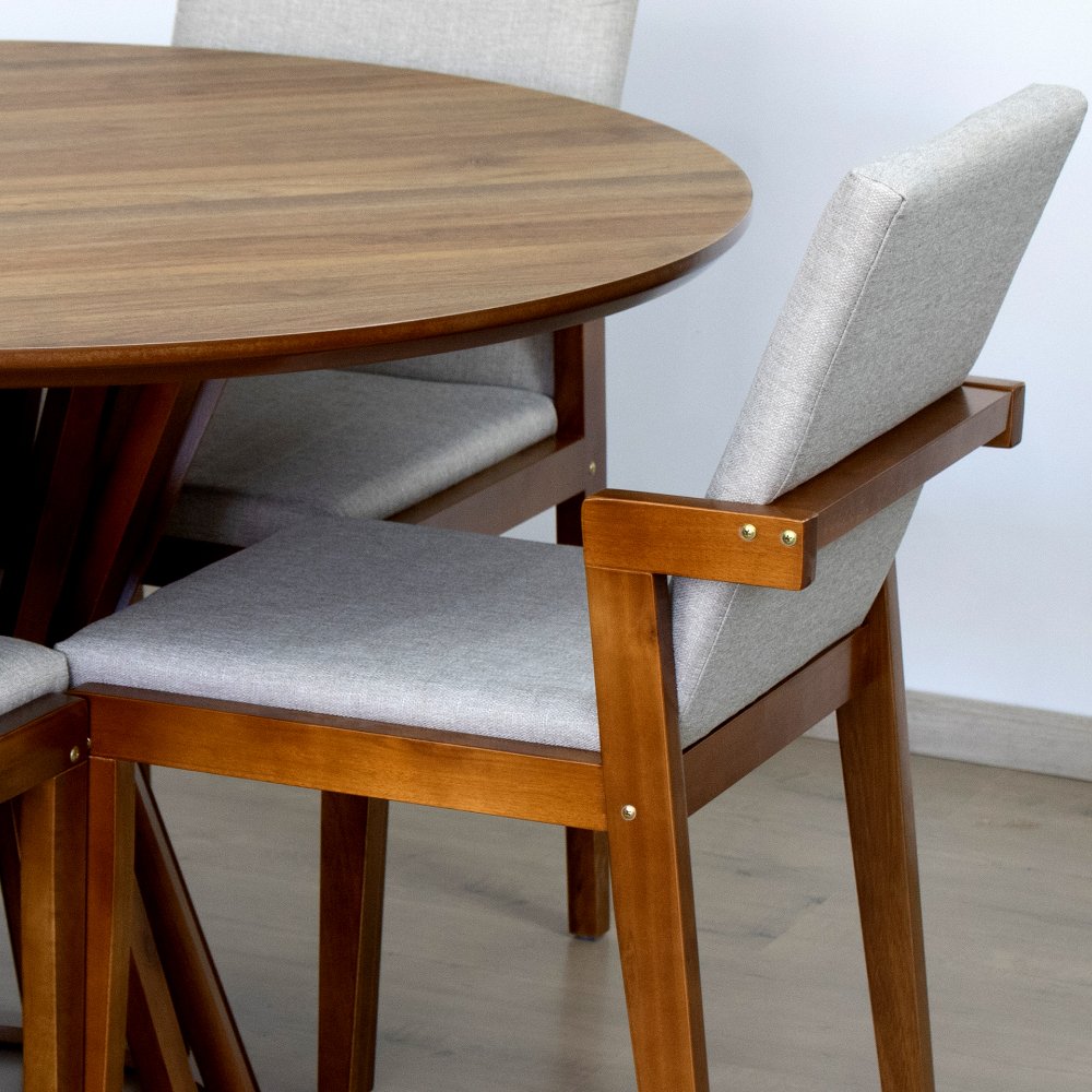 mesa de jantar redonda 120cm natural cecilia amadeirada com 4 cadeiras estofadas isabela 5