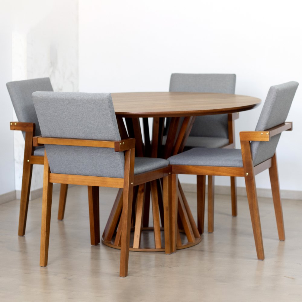mesa de jantar redonda 120cm natural cecilia amadeirada com 4 cadeiras estofadas isabela cinza 3