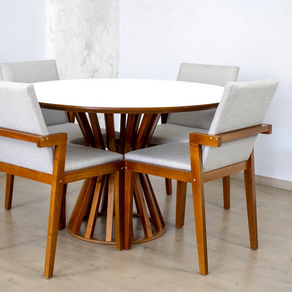 mesa de jantar redonda 120cm branca cecilia amadeirada com 4 cadeiras estofadas isabela 3