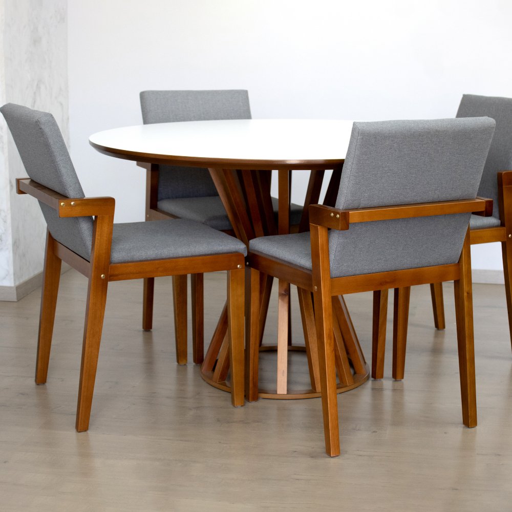 mesa de jantar redonda 120cm branca cecilia amadeirada com 4 cadeiras estofadas isabela cinza 3