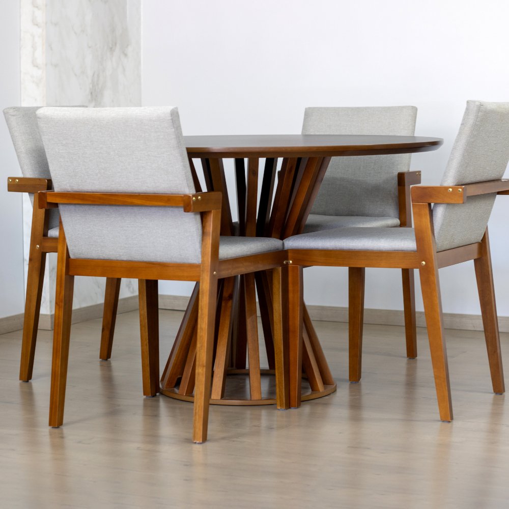 mesa de jantar redonda 120cm preta cecilia amadeirada com 4 cadeiras estofadas isabela 3