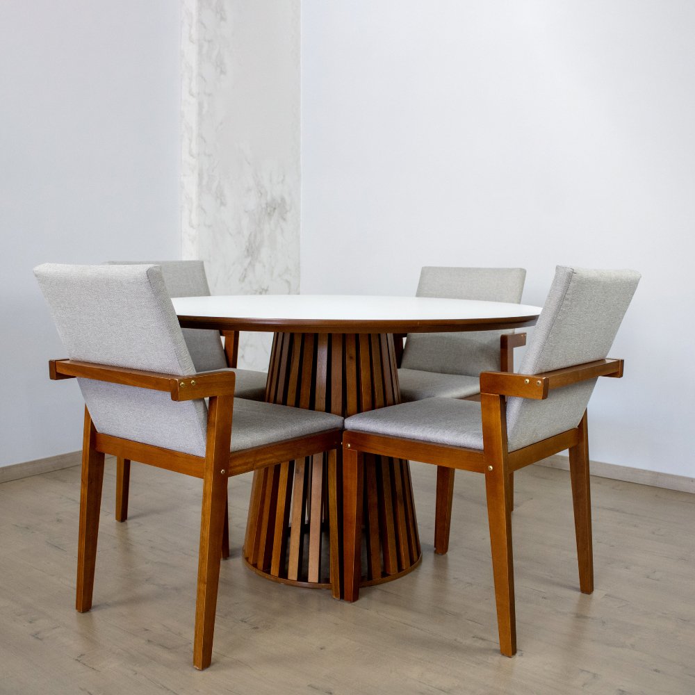 mesa de jantar redonda 120cm branca luana amadeirada com 4 cadeiras estofadas isabela bege 3
