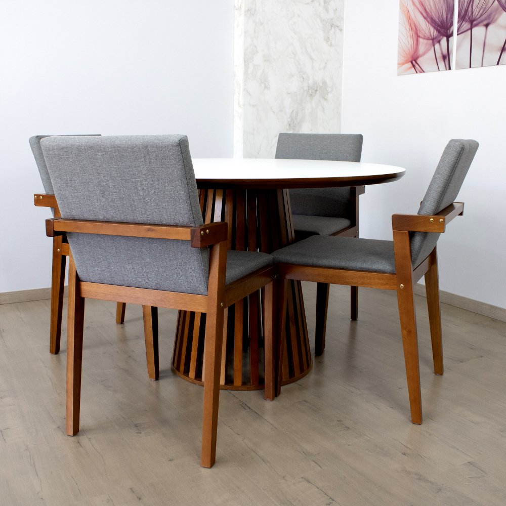 mesa de jantar redonda 120cm branca luana amadeirada com 4 cadeiras estofadas isabela cinza 3