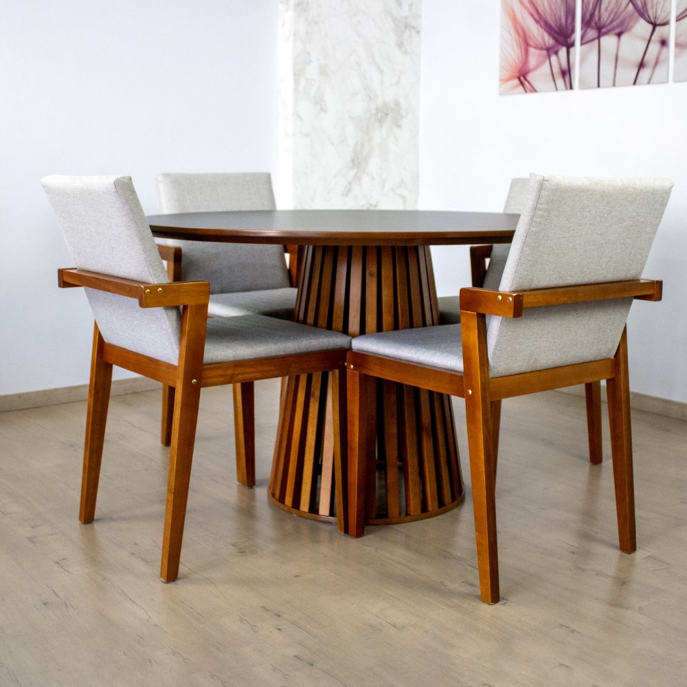mesa de jantar redonda 120cm preta cecilia amadeirada com 4 cadeiras estofadas isabela bege 2