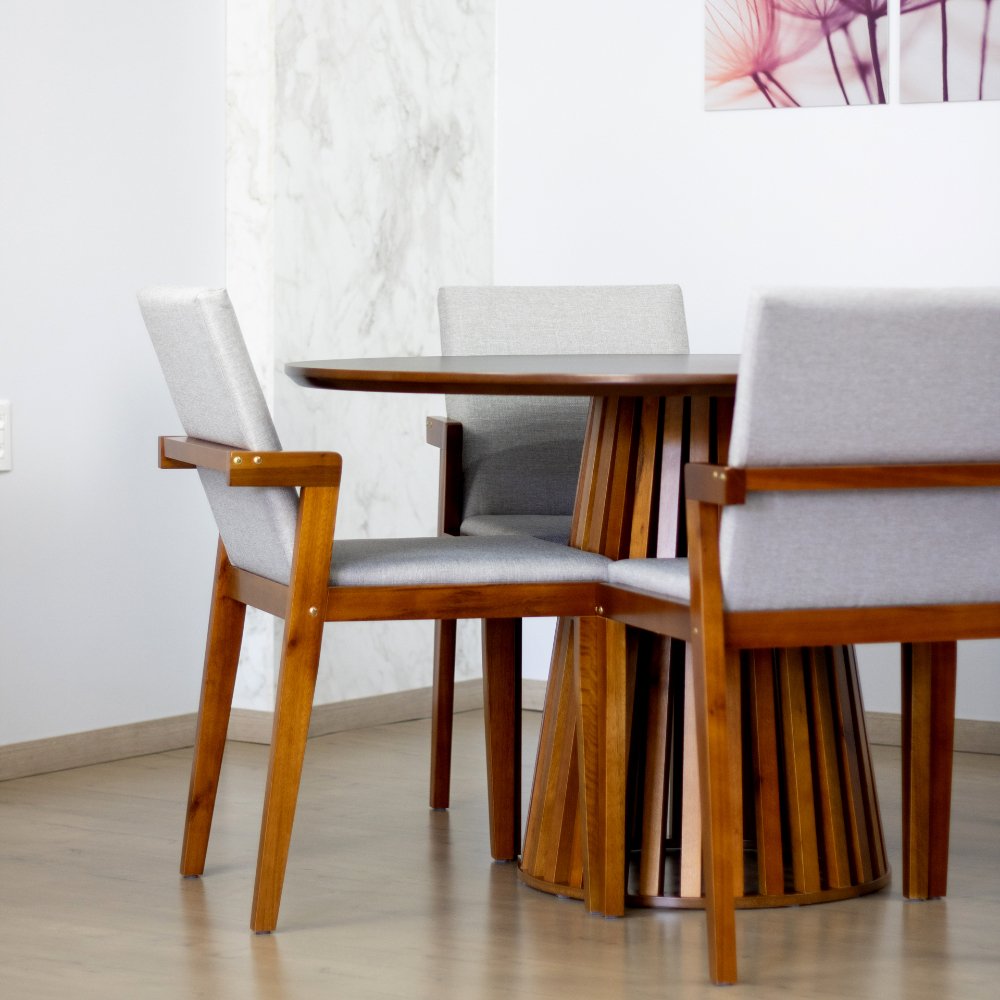 mesa de jantar redonda 120cm preta cecilia amadeirada com 4 cadeiras estofadas isabela bege 4