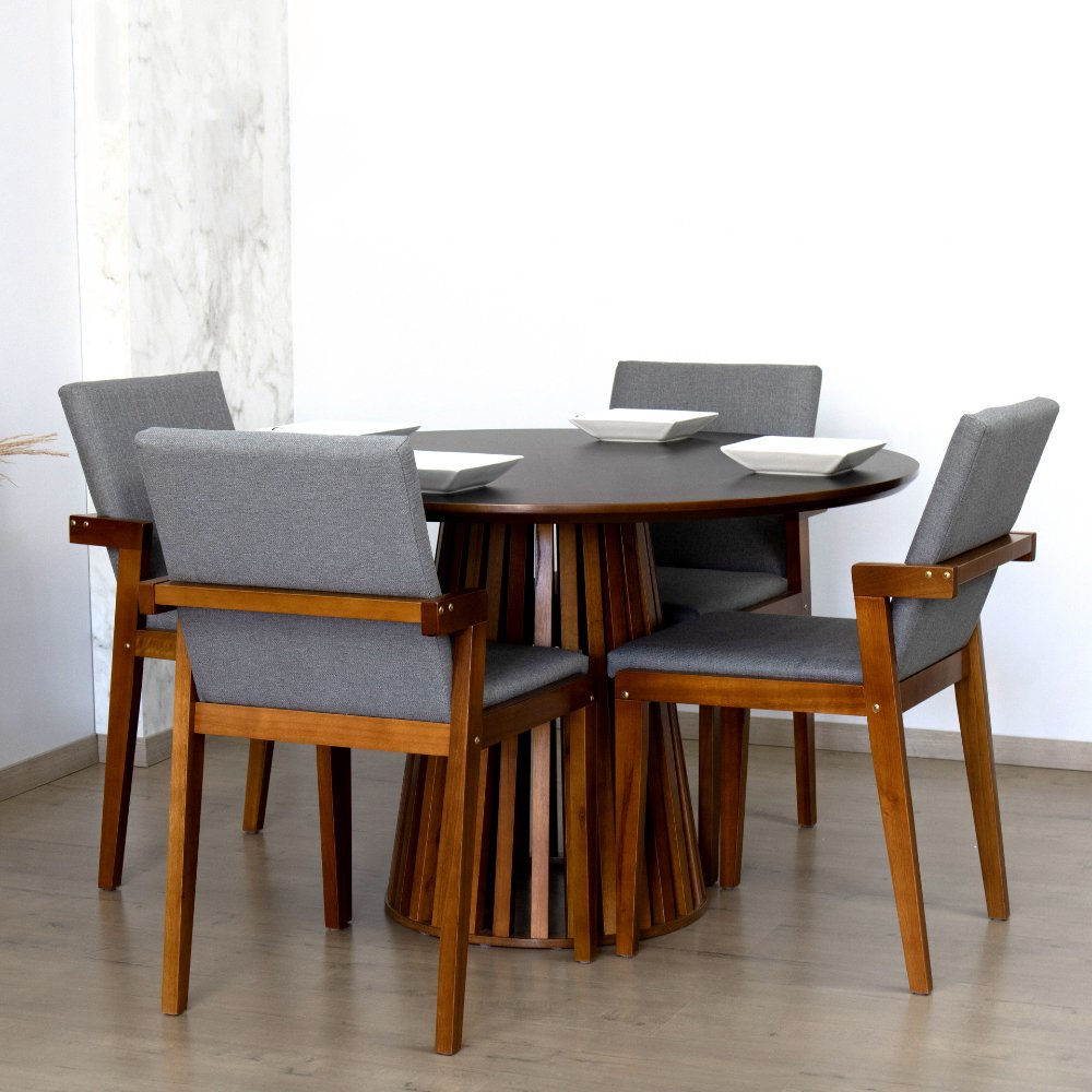 mesa de jantar redonda 120cm preta cecilia amadeirada com 4 cadeiras estofadas isabela cinza 3