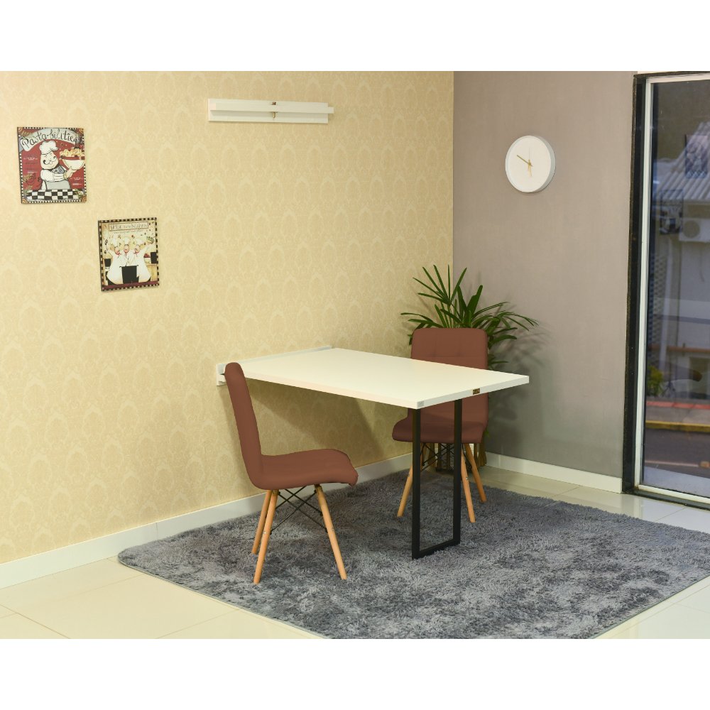 mesa dobravel retratil de parede branca 120x75 com 2 cadeiras eiffel gomos marrom 3