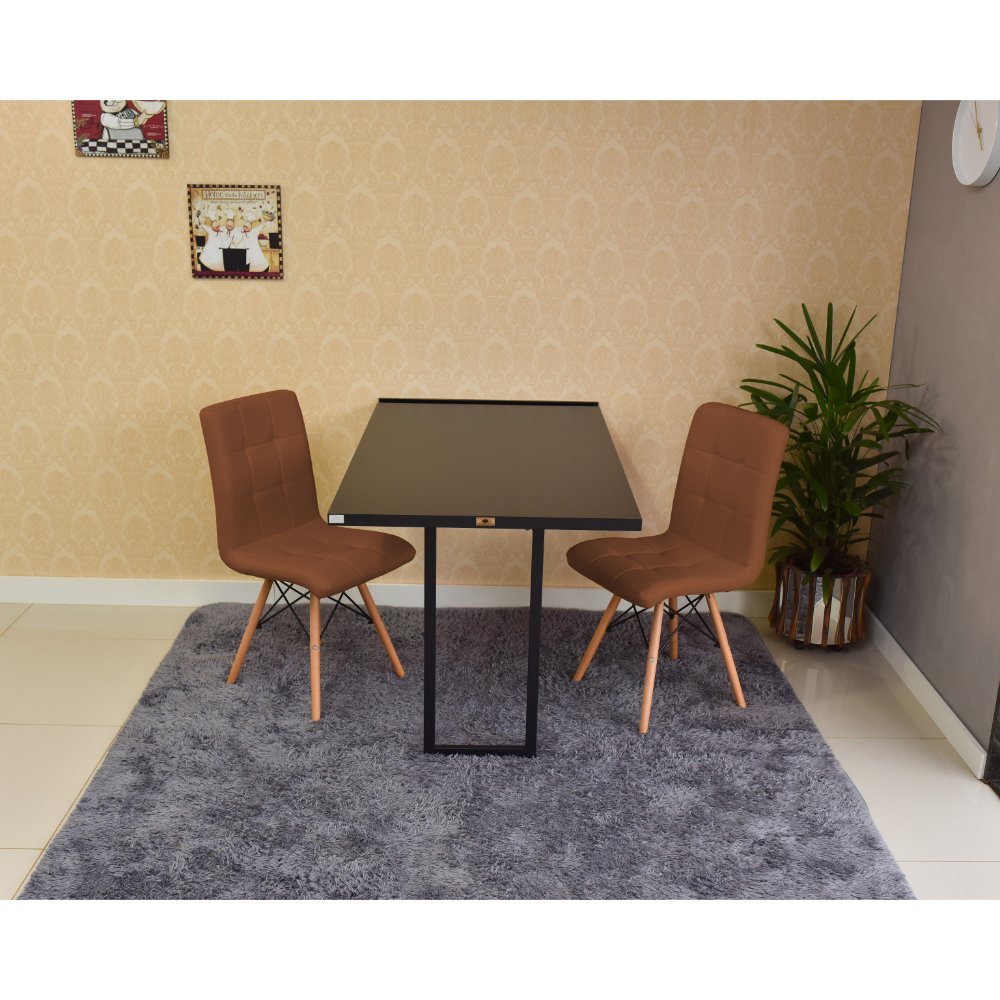 mesa dobravel retratil de parede preta 120x75 com 2 cadeiras eiffel gomos marrom 3
