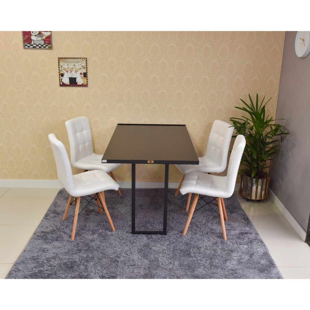 mesa dobravel retratil de parede preta 120x75cm com 4 cadeiras eiffel gomos branca 2