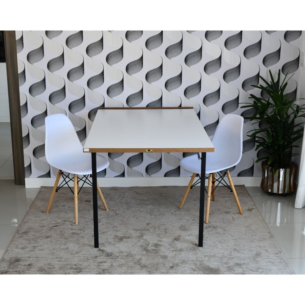 mesa dobravel retratil de parede 140cm branca com 2 cadeiras eames eiffel branca 1