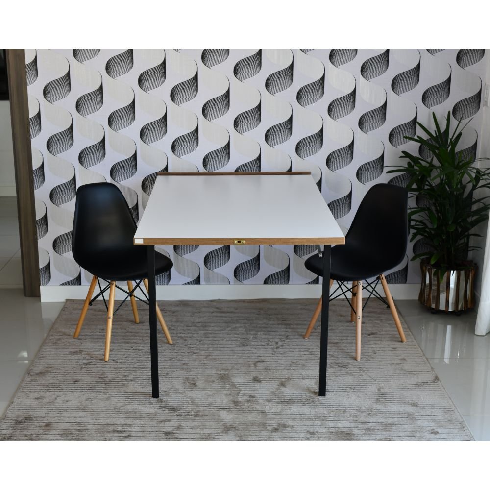 mesa dobravel retratil de parede 140cm branca com 2 cadeiras eames eiffel preta 4