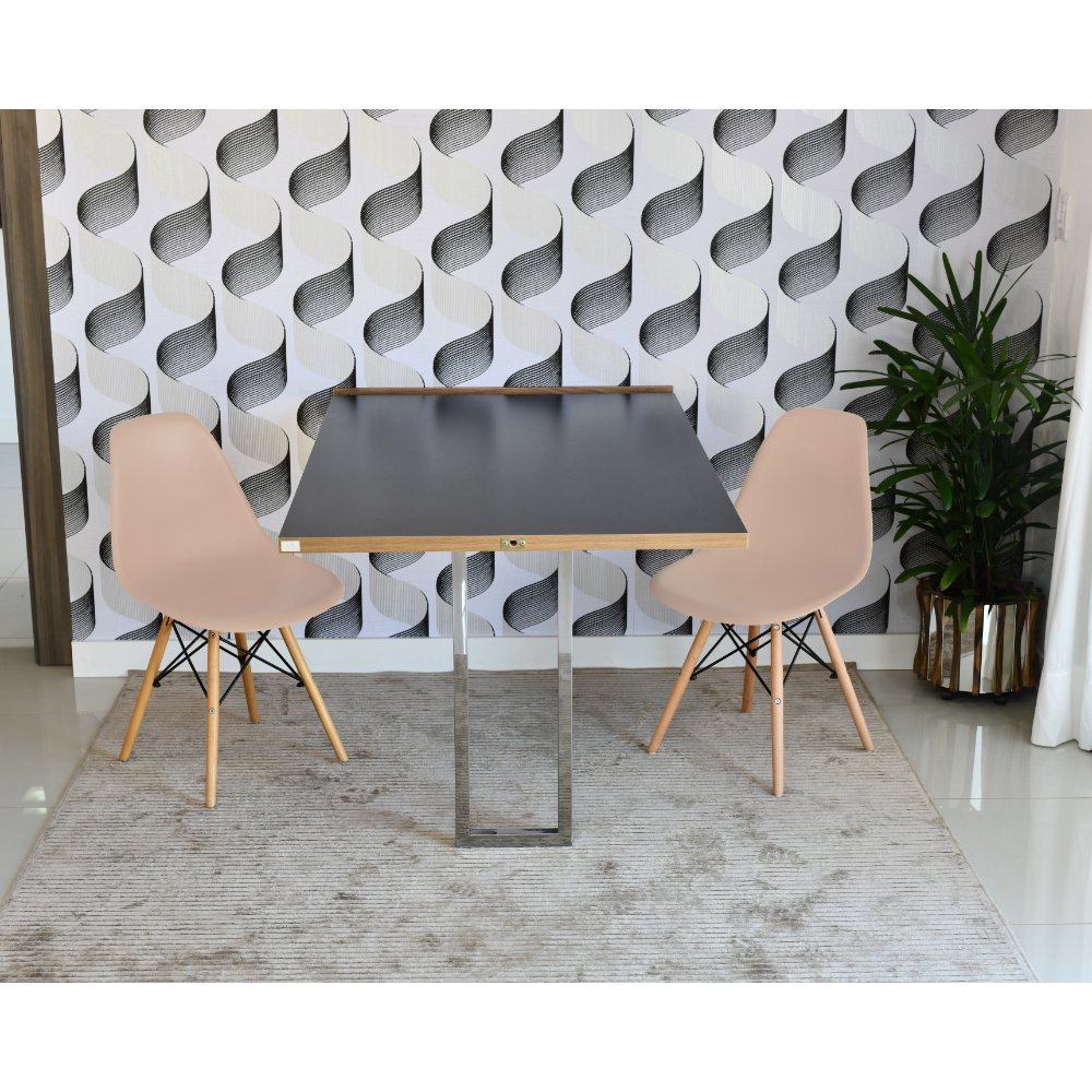 mesa dobravel retratil de parede preta 140cm base inox com 2 cadeiras eames eiffel nude 3
