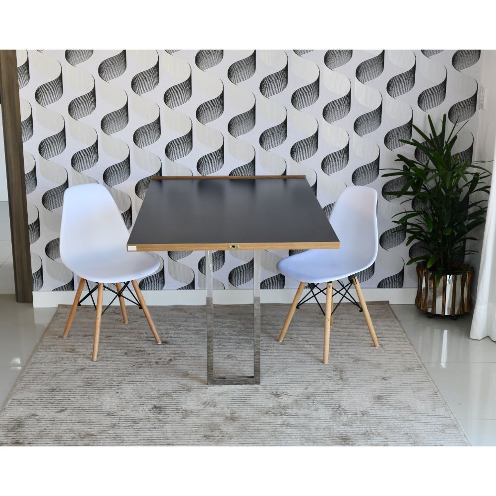 mesa dobravel retratil de parede preta 140cm base inox com 2 cadeiras eames eiffel branca 4