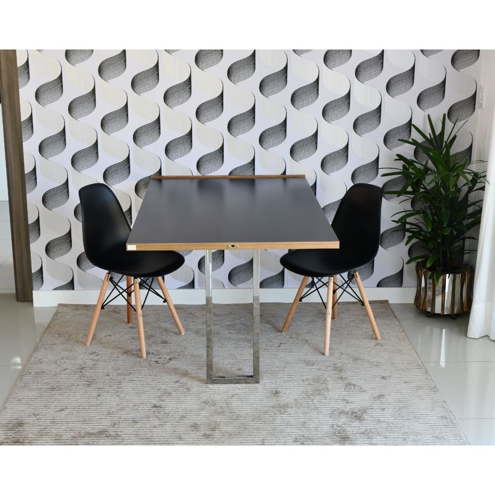 mesa dobravel retratil de parede preta 140cm base inox com 2 cadeiras eames eiffel preta 1