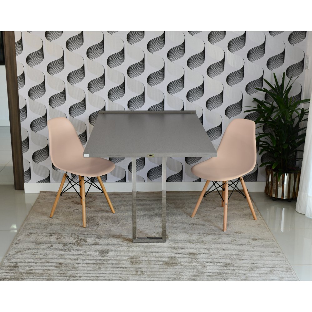 mesa dobravel retratil de parede volpi 140cm base inox com 2 cadeiras eames eiffel nude 2