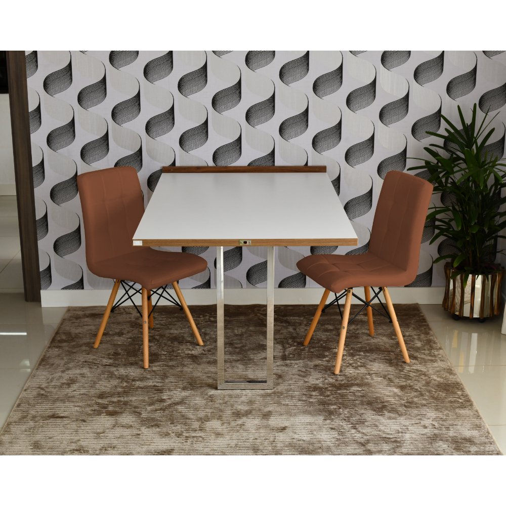 mesa dobravel retratil de parede branca 140cm base inox com 2 cadeiras eiffel gomos marrom 3