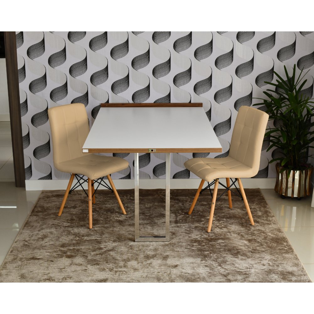mesa dobravel retratil de parede branca 140cm base inox com 2 cadeiras eiffel gomos nude 3