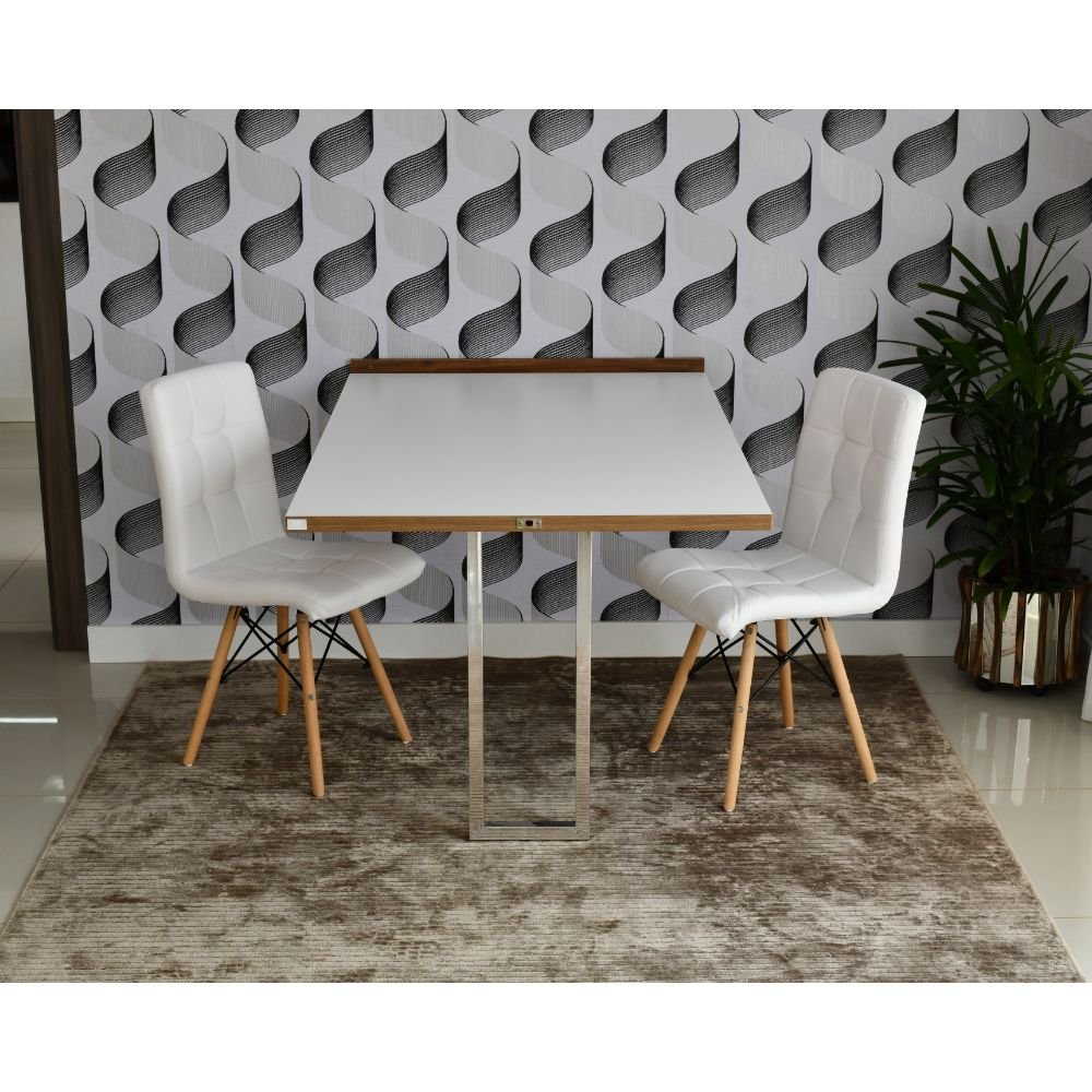 mesa dobravel retratil de parede branca 140cm base inox com 2 cadeiras eiffel gomos branca 1