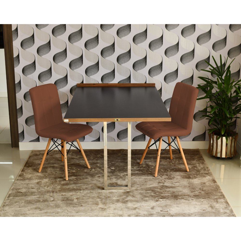 mesa dobravel retratil de parede preta 140cm base inox com 2 cadeiras eiffel gomos marrom 3