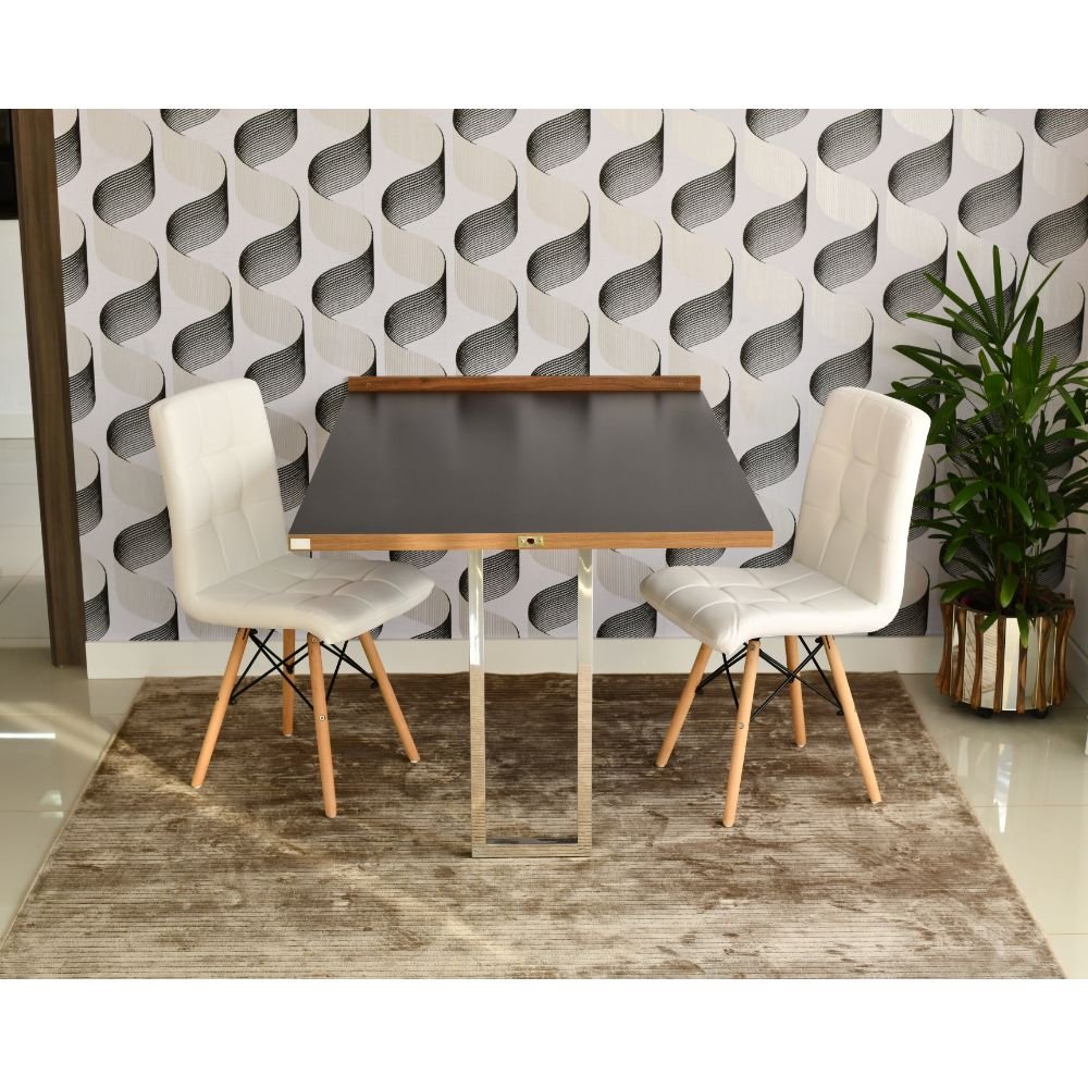 mesa dobravel retratil de parede preta 140cm base inox com 2 cadeiras eiffel gomos branca 3