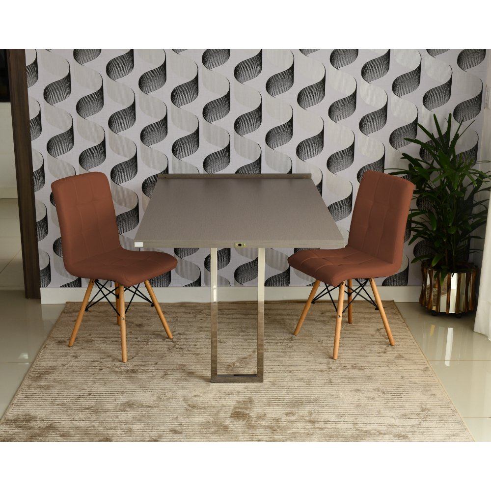 mesa dobravel retratil de parede volpi 140cm base inox com 2 cadeiras eiffel gomos marrom 3