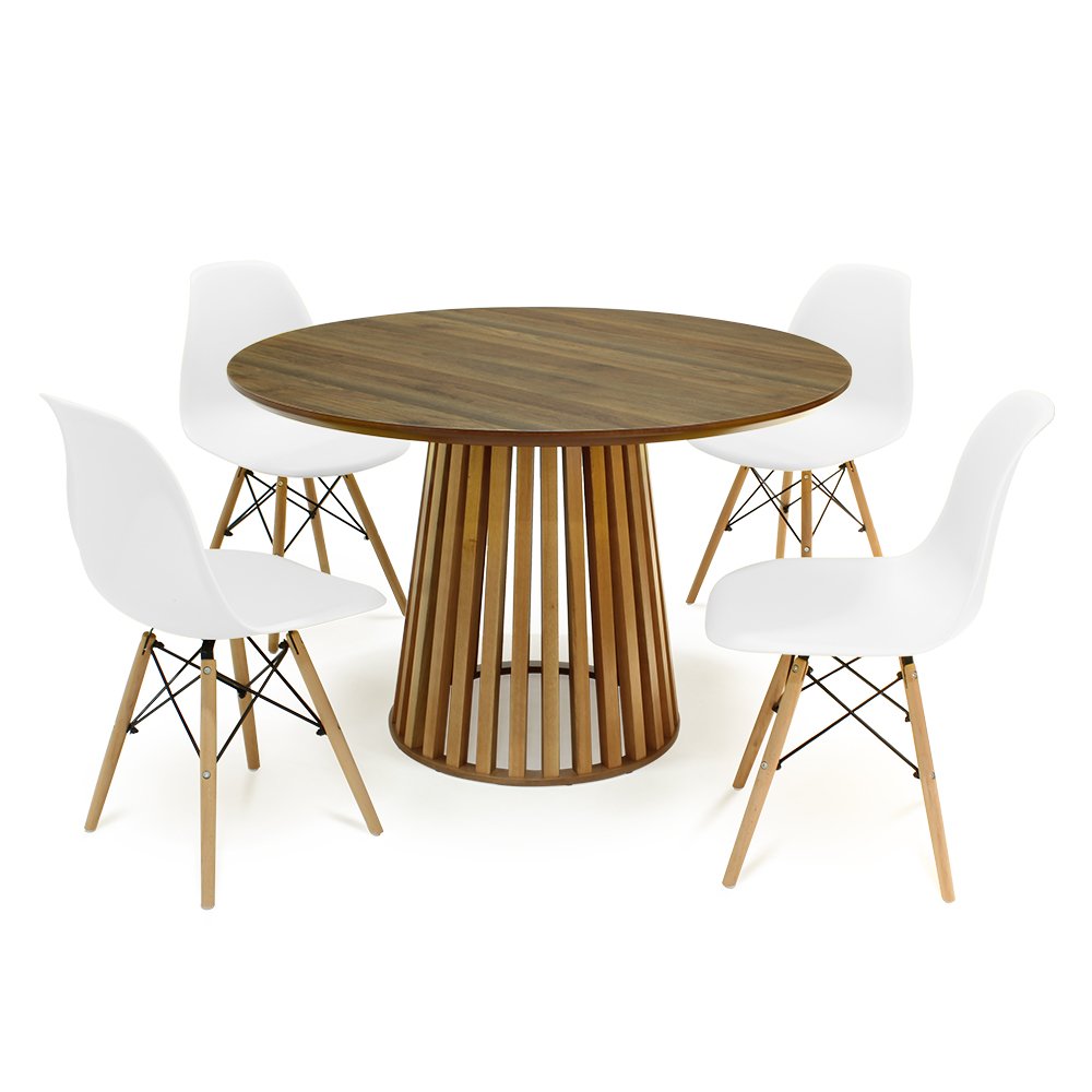 mesa de jantar redonda 120cm luana amadeirada natural com 4 cadeiras eames eiffel 7