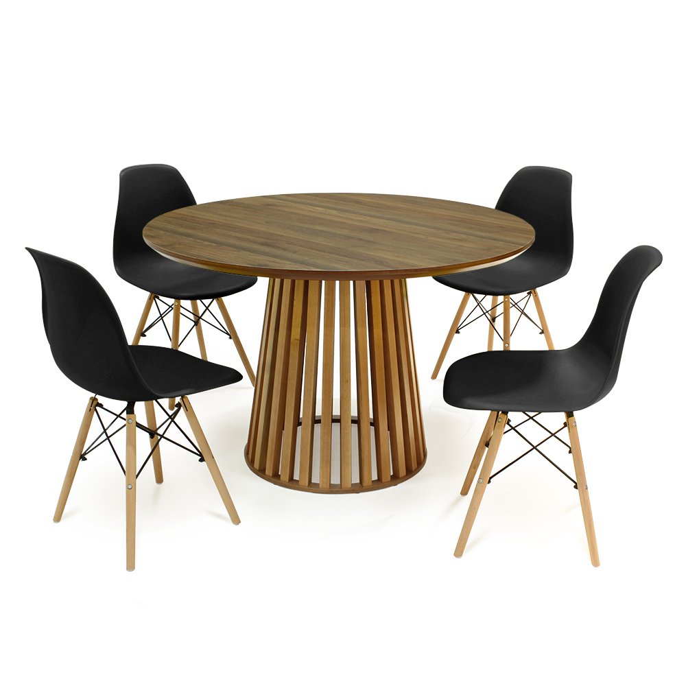 mesa de jantar redonda 120cm luana amadeirada natural com 4 cadeiras eames eiffel 12