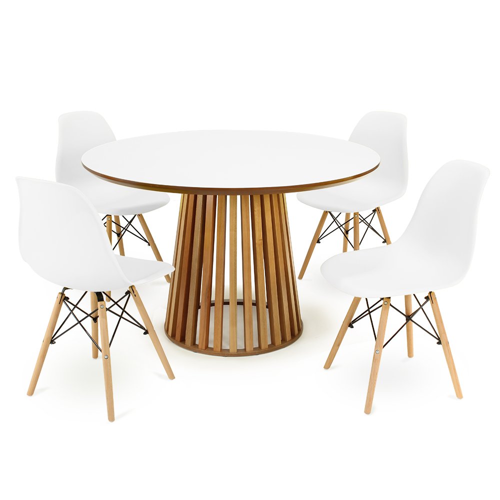 mesa de jantar redonda 120cm luana amadeirada branca com 4 cadeiras eames eiffel 5