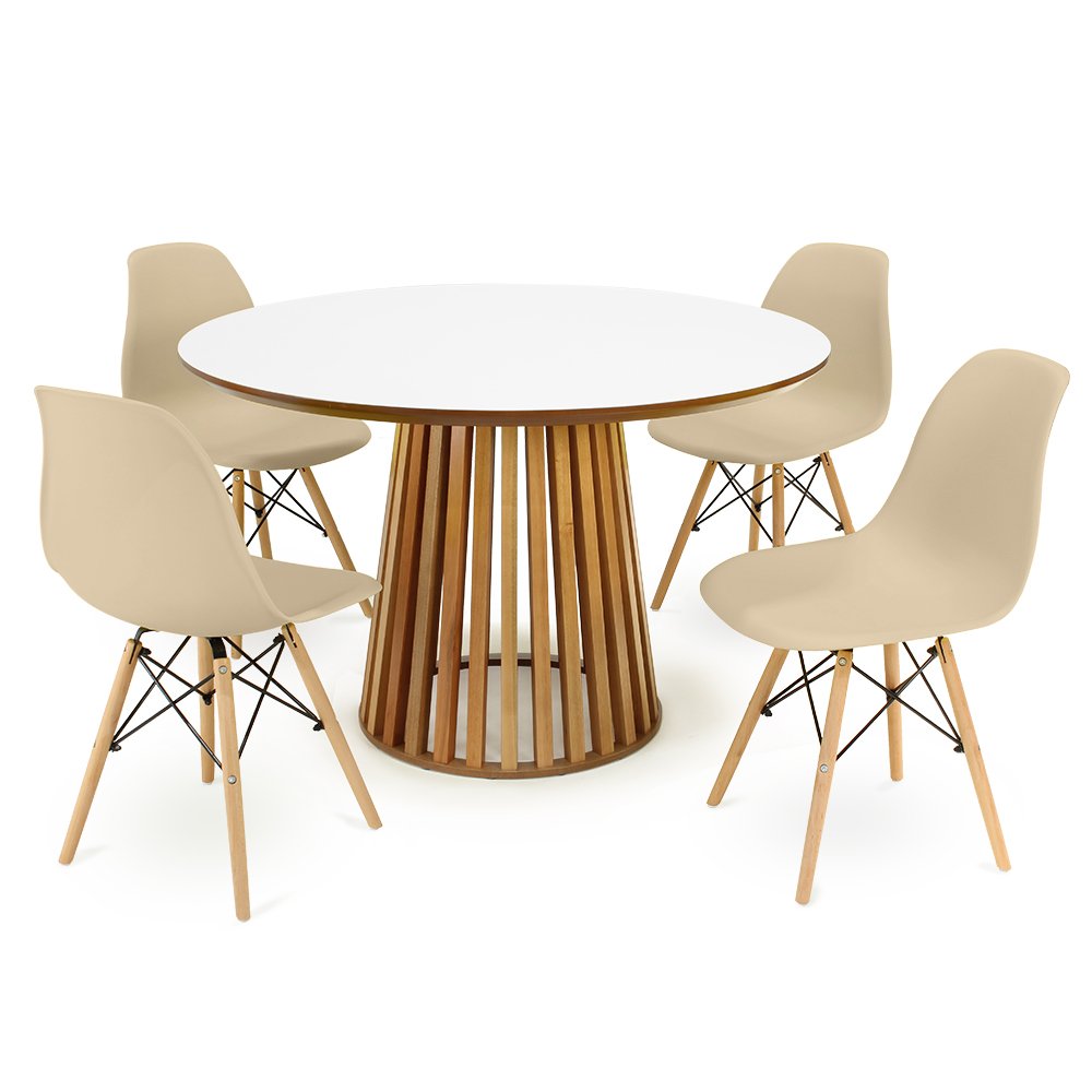 mesa de jantar redonda 120cm luana amadeirada branca com 4 cadeiras eames eiffel 9