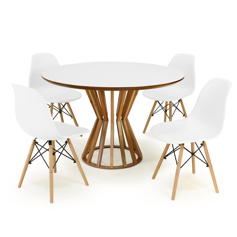 mesa de jantar redonda 120cm branca cecilia amadeirada com 4 cadeiras eames eiffel 5