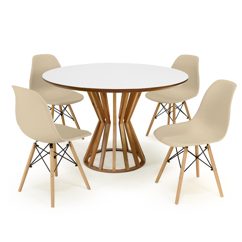 mesa de jantar redonda 120cm branca cecilia amadeirada com 4 cadeiras eames eiffel 9