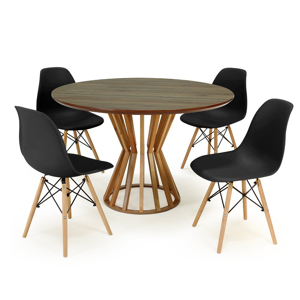 mesa de jantar redonda 120cm natural cecillia amadeirada com 4 cadeiras eames eiffel 7