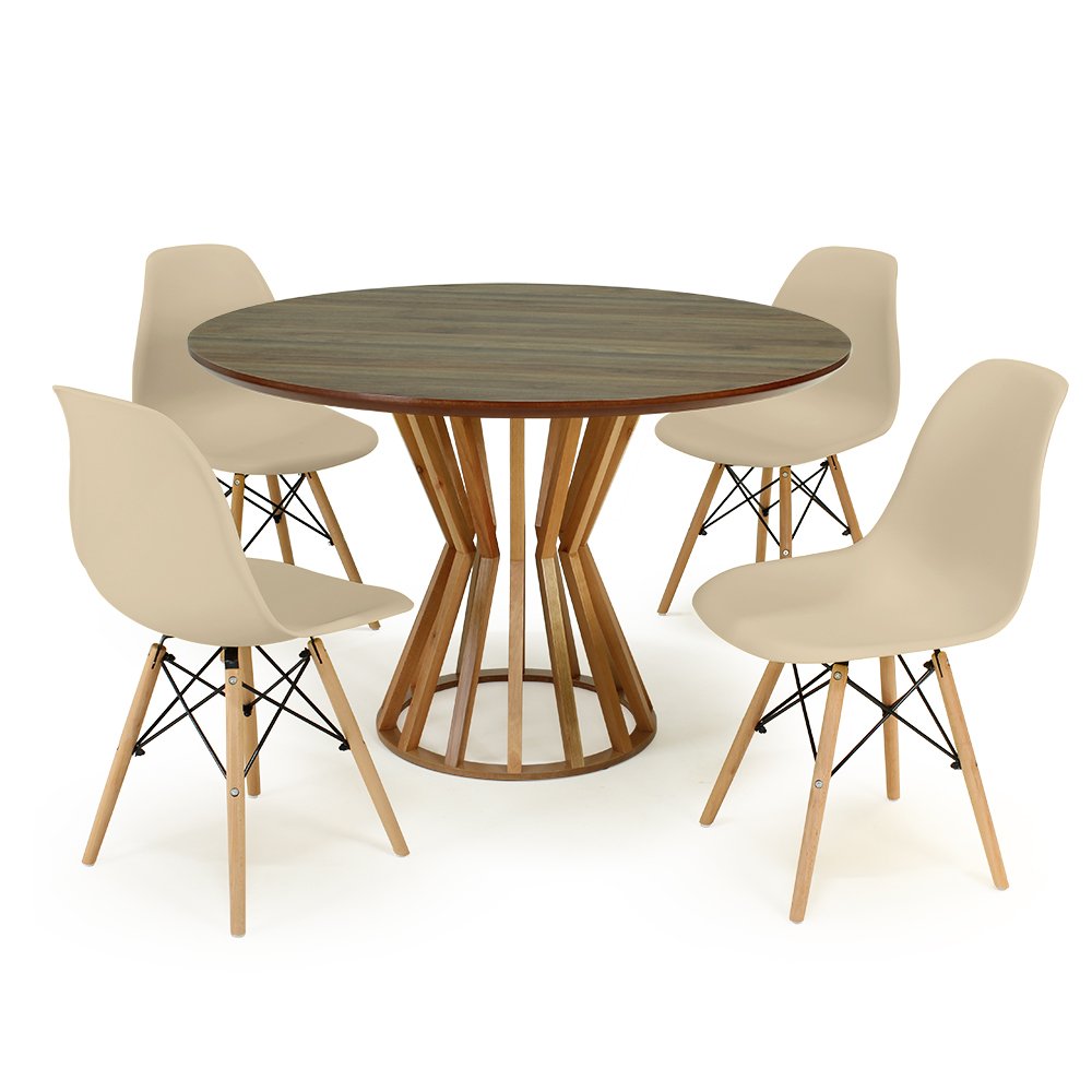 mesa de jantar redonda 120cm natural cecillia amadeirada com 4 cadeiras eames eiffel 11