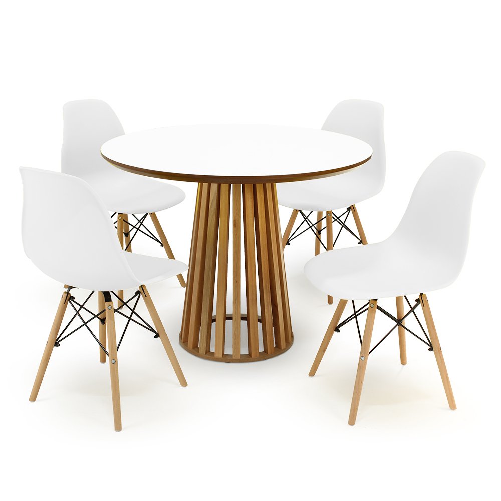 mesa de jantar redonda branca 120cm luana amadeirada com 4 cadeiras eames eiffel 5
