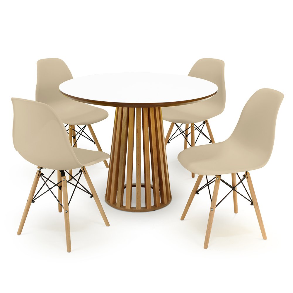 mesa de jantar redonda branca 120cm luana amadeirada com 4 cadeiras eames eiffel 9