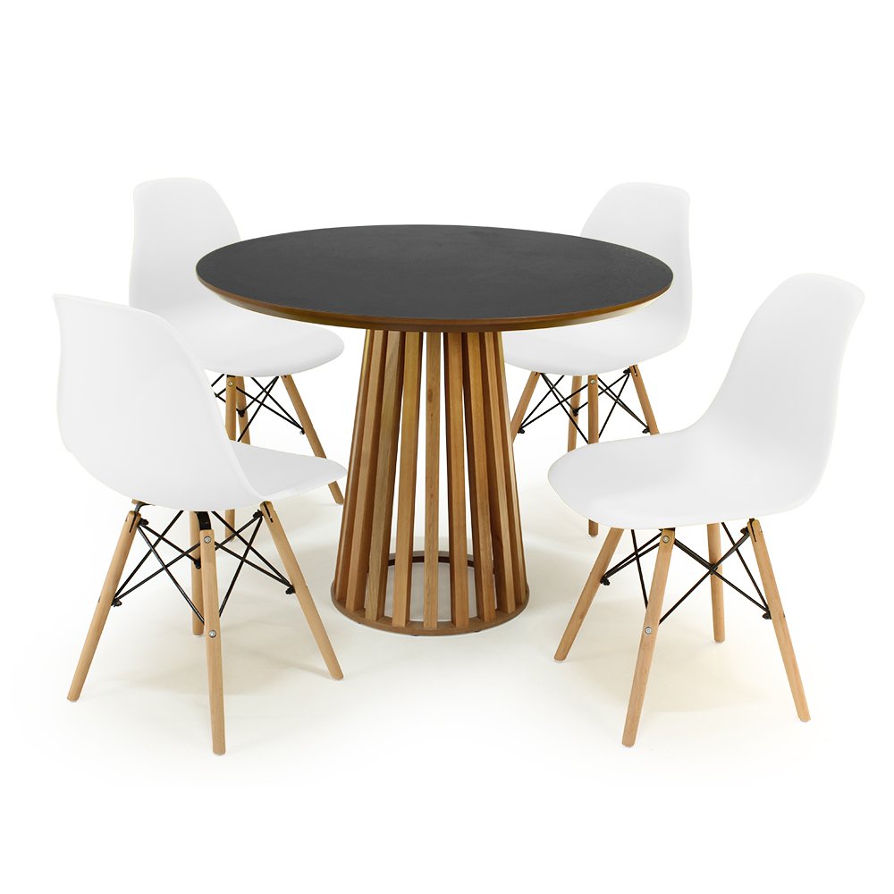 mesa de jantar redonda 100cm preta amadeirada com 4 cadeiras eames eiffel 5