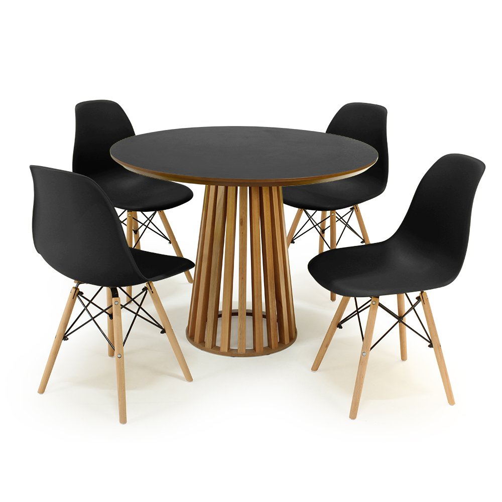 mesa de jantar redonda 100cm preta amadeirada com 4 cadeiras eames eiffel 10