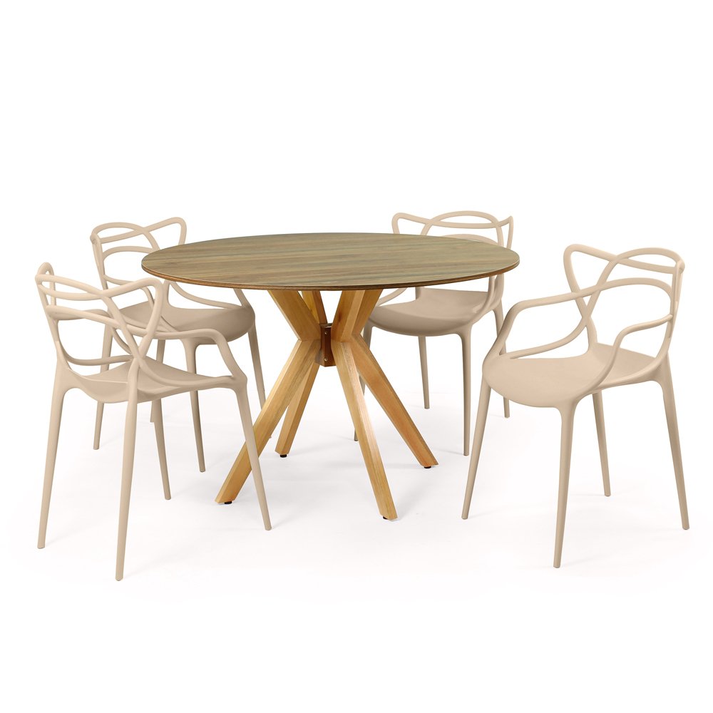 Conjunto Mesa De Jantar Redonda Marci Natural Cm Com Cadeiras Allegra Nude