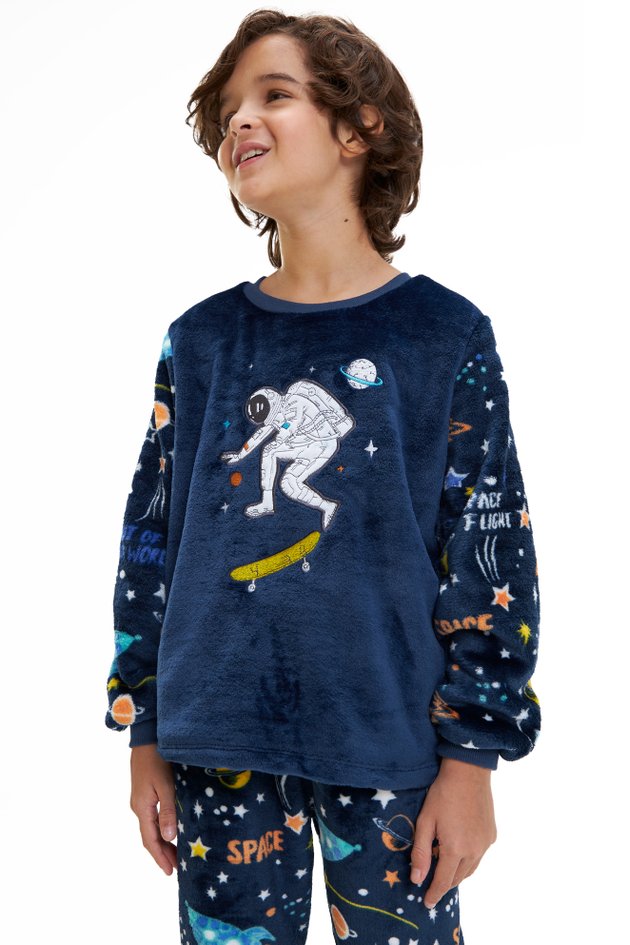 Pijama Infantil em Fleece Masculino - Astronauta Espacial Azul