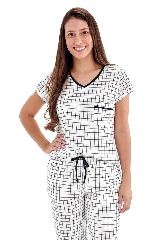 Pijama Feminino Meia Estação - Manga Curta com Calça Xadrez