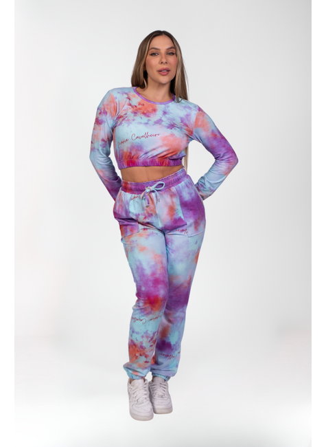 Conjunto Moletinho Feminino Blusa Gola Redonda e Calca Jogger Tie Dye
